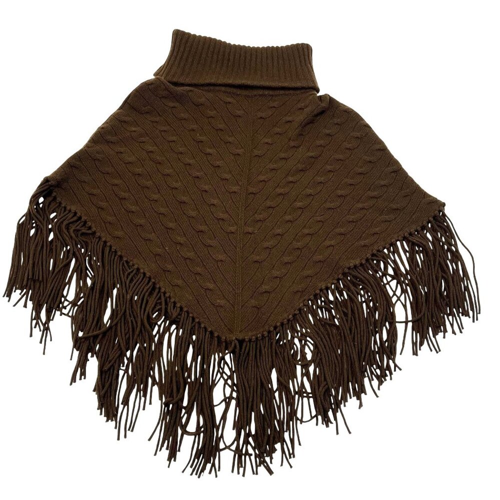 Ralph Lauren Black Label Cable Knit Cashmere Fringe Poncho in Espresso